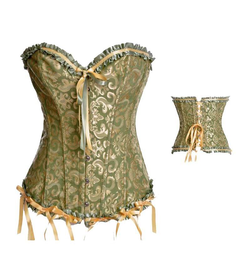 Green Gold Floral Sartin Overbust Corset Boned Strapless Corset